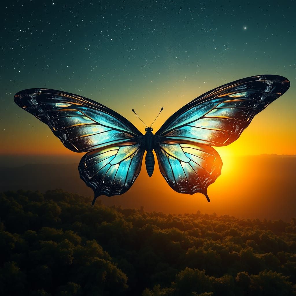 Mystical Butterfly Soaring at Sunset: Hyperrealistic Renderi...