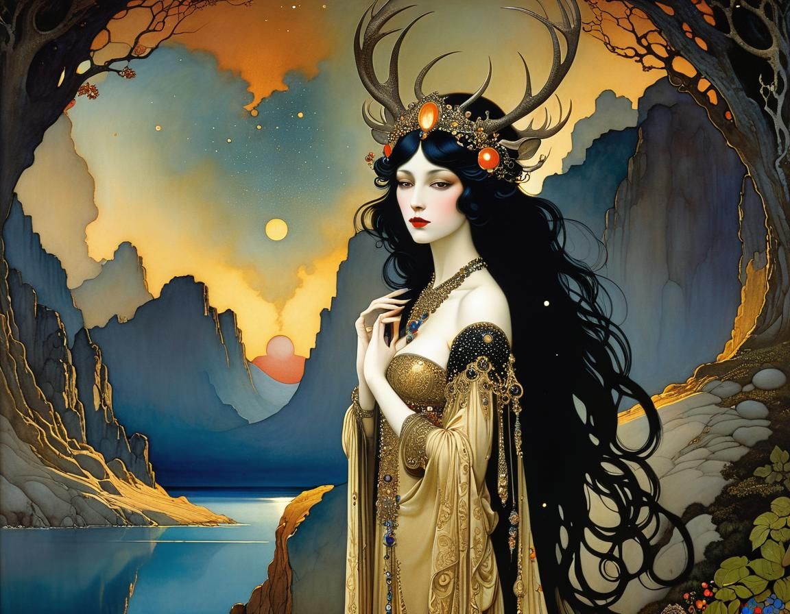 Stunning Woman with Antlers in Golden Age Illustration