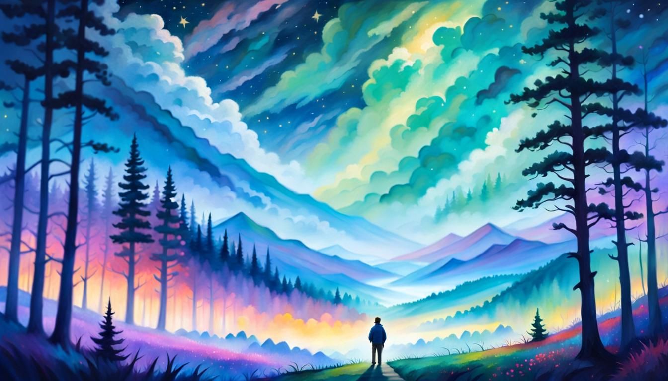 Mystical Traveler Gazing at Starry Mountains