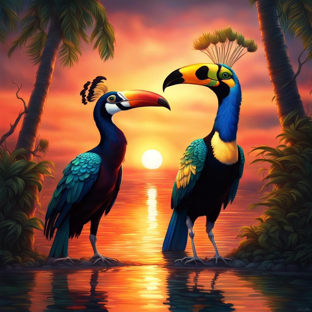 Hyperrealistic Toucan and Peacock Sunset Reflection