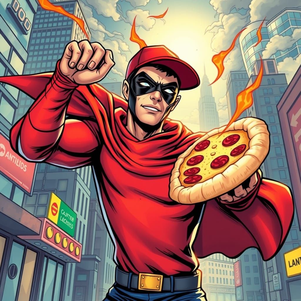 Pizza Delivery Superhero in Comic Book Style