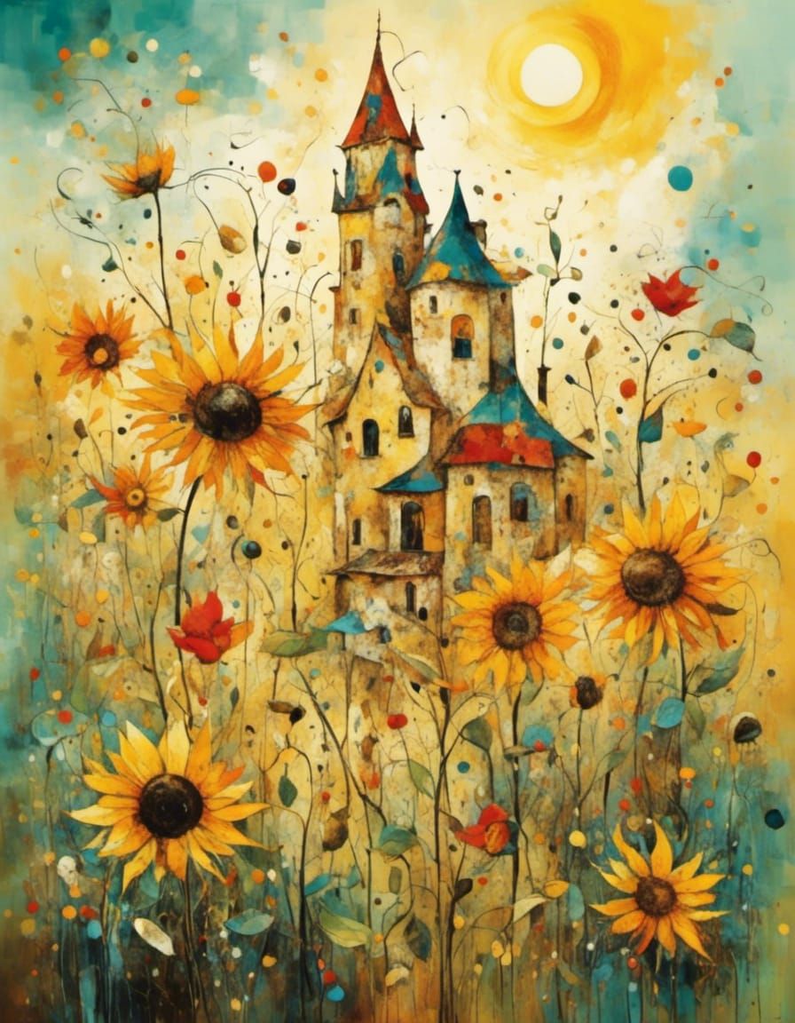 Intricately detailed <lora:Marvellous Miro:1.0> sunflower fairy surrounded by <lora:Flower portrait:1.0> sunflowers, Van...