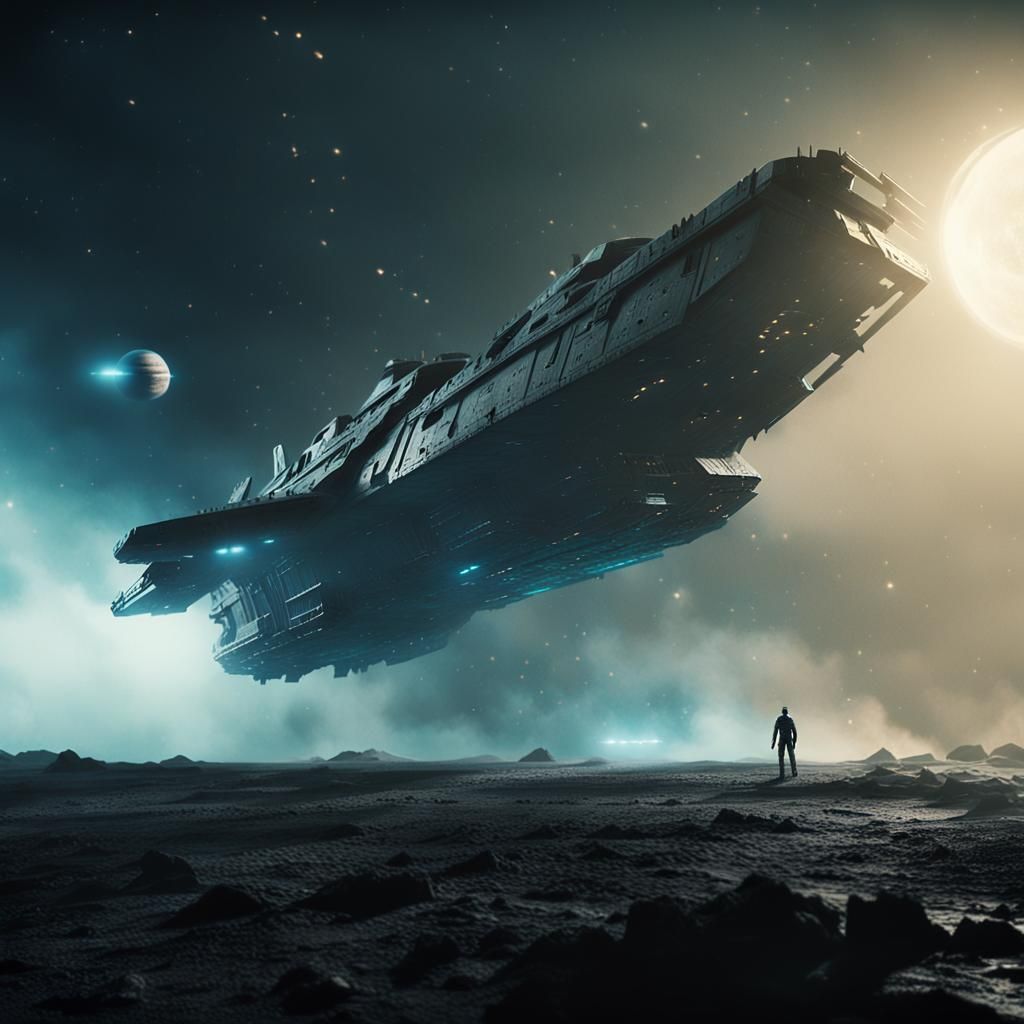 Spaceship Warship in Battle-Scarred Environment