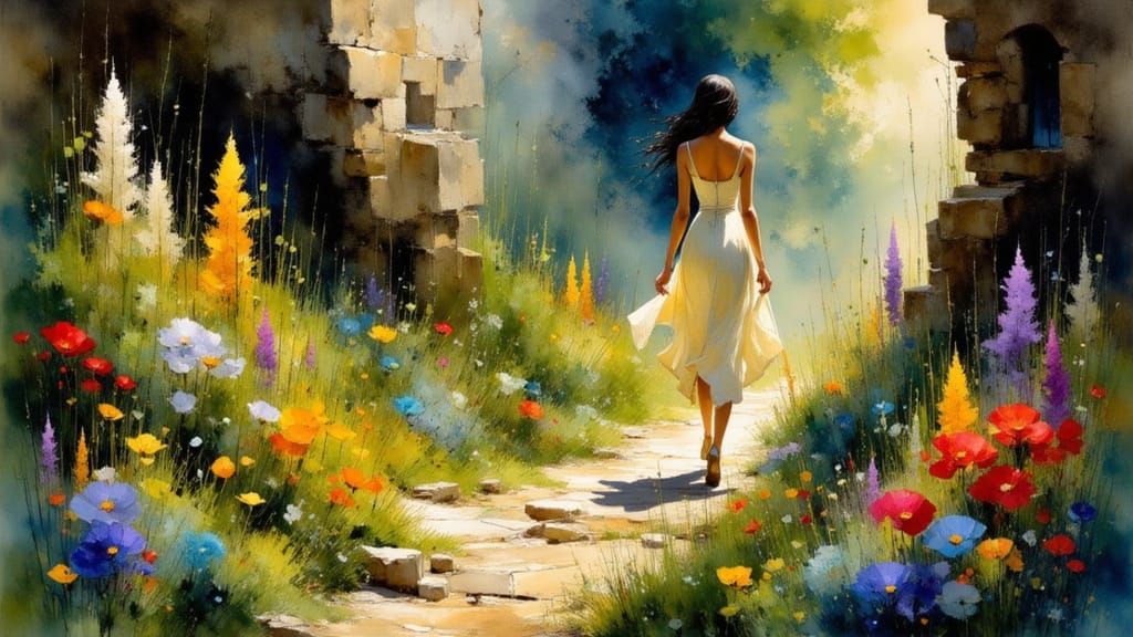 Whimsical Watercolor Landscape with a Serene Woman in a Myst...