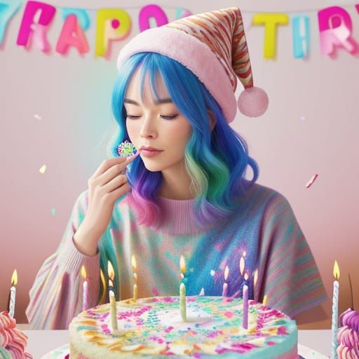 Woman Blowing Out Candles in Vibrant Digital Art