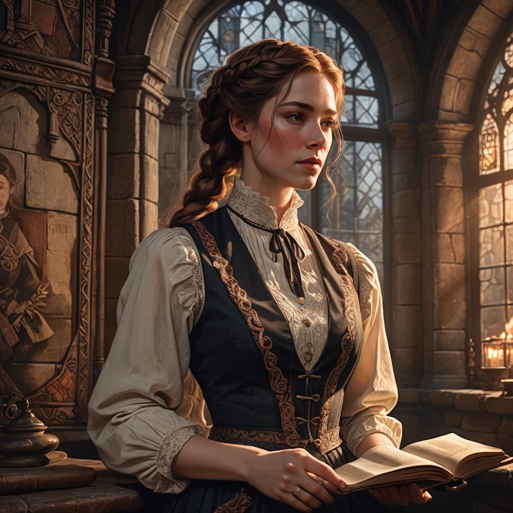 Victorian Woman Reading by Candlelight in Fantasy Chantry