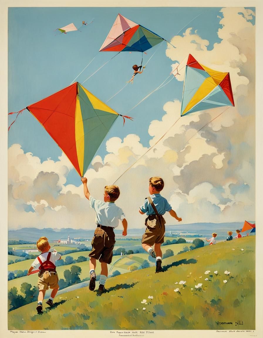 Children Flying Kites on a Breezy Hill as Rockwell Painting
