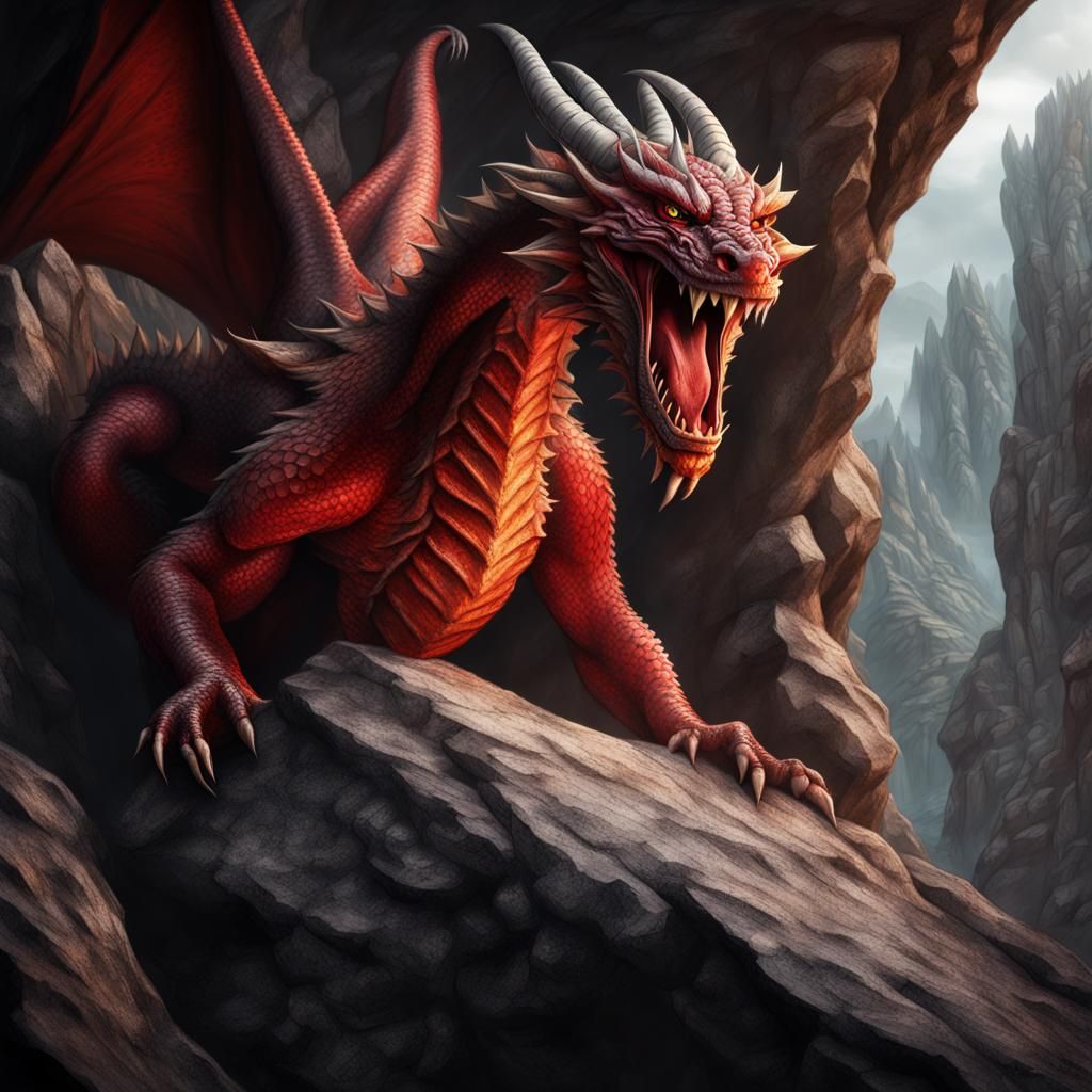 Wrathful Red Dragon Descending Cave Wall