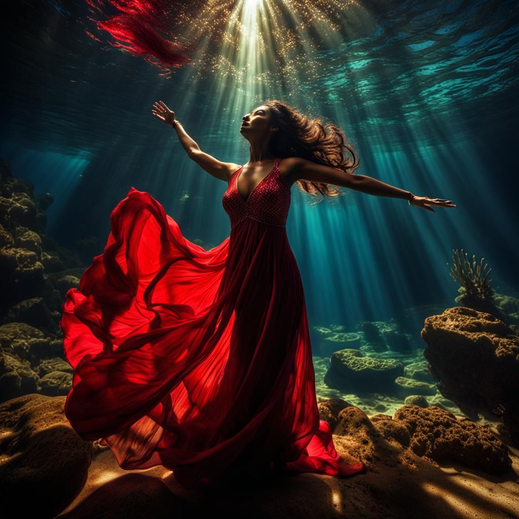 Underwater Goddess in Sparkling God Rays: HDR Photo