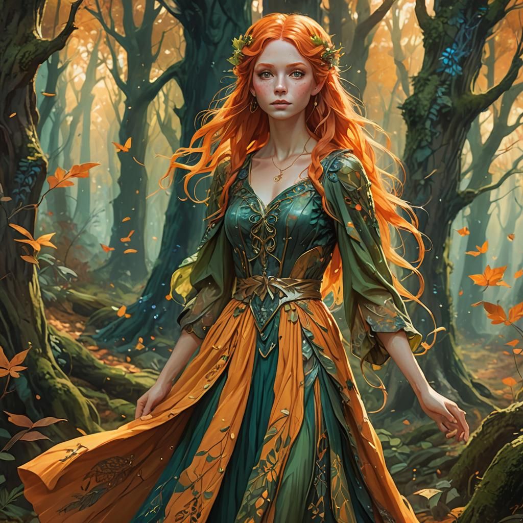 Orange-Haired Fairy in Autumn Forest, Concept Art