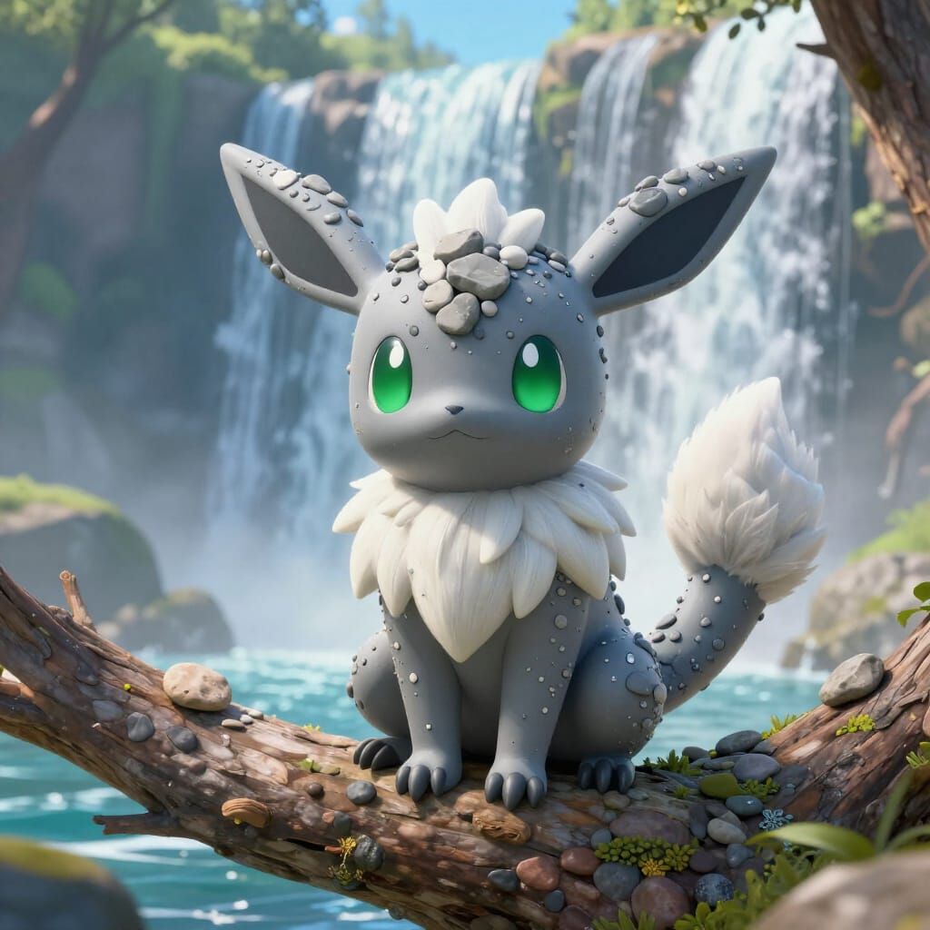 Pebble Eevee Surrounded by Waterfalls in 3D Anime Style