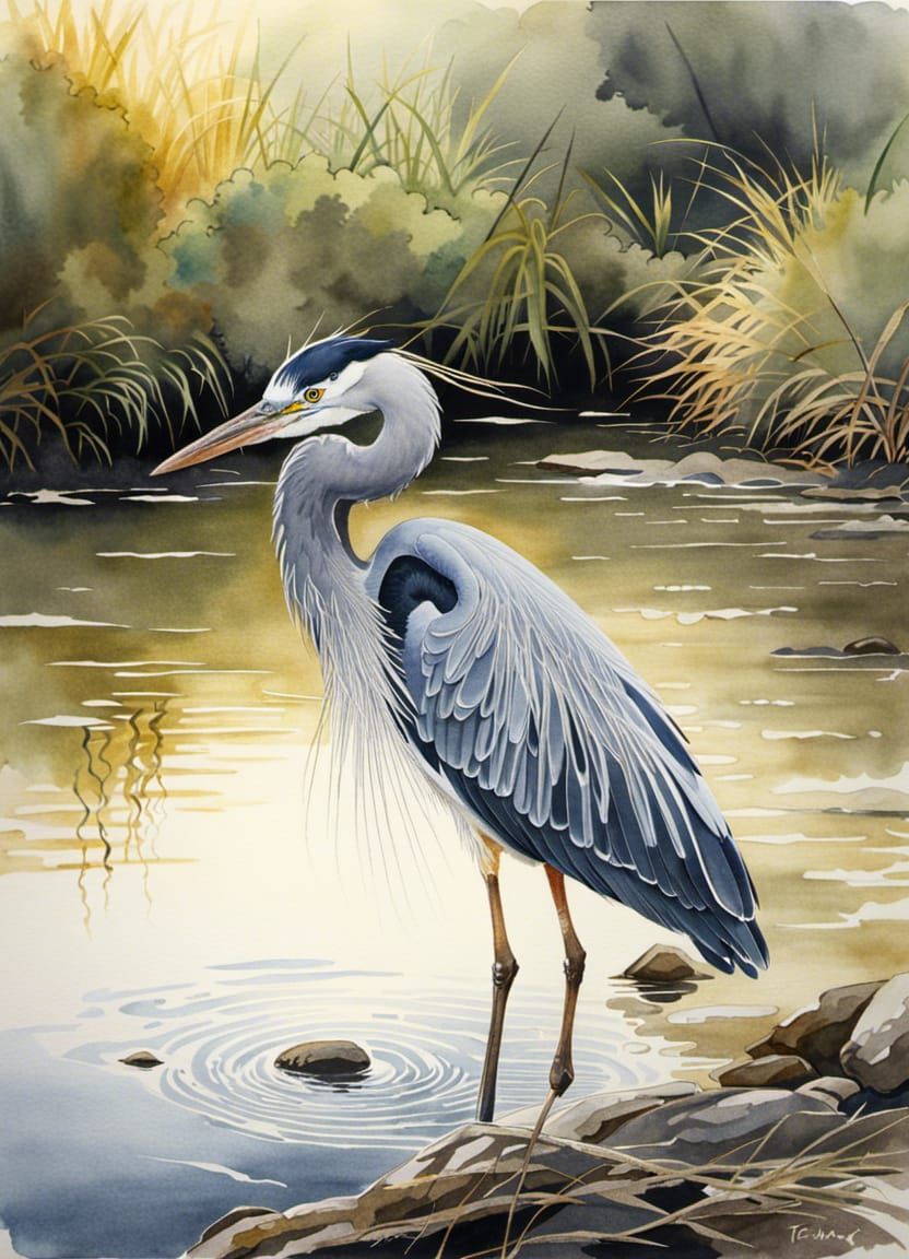 Watercolor Portrait of Gray Heron in River
