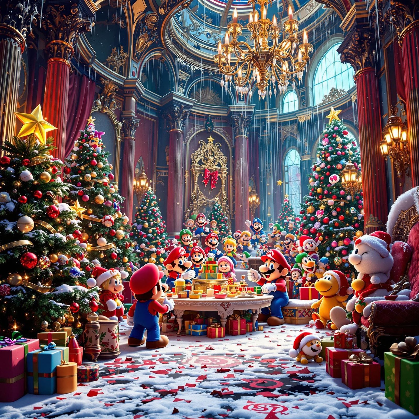 Super Mario Christmas Celebration in Ornate Mansion