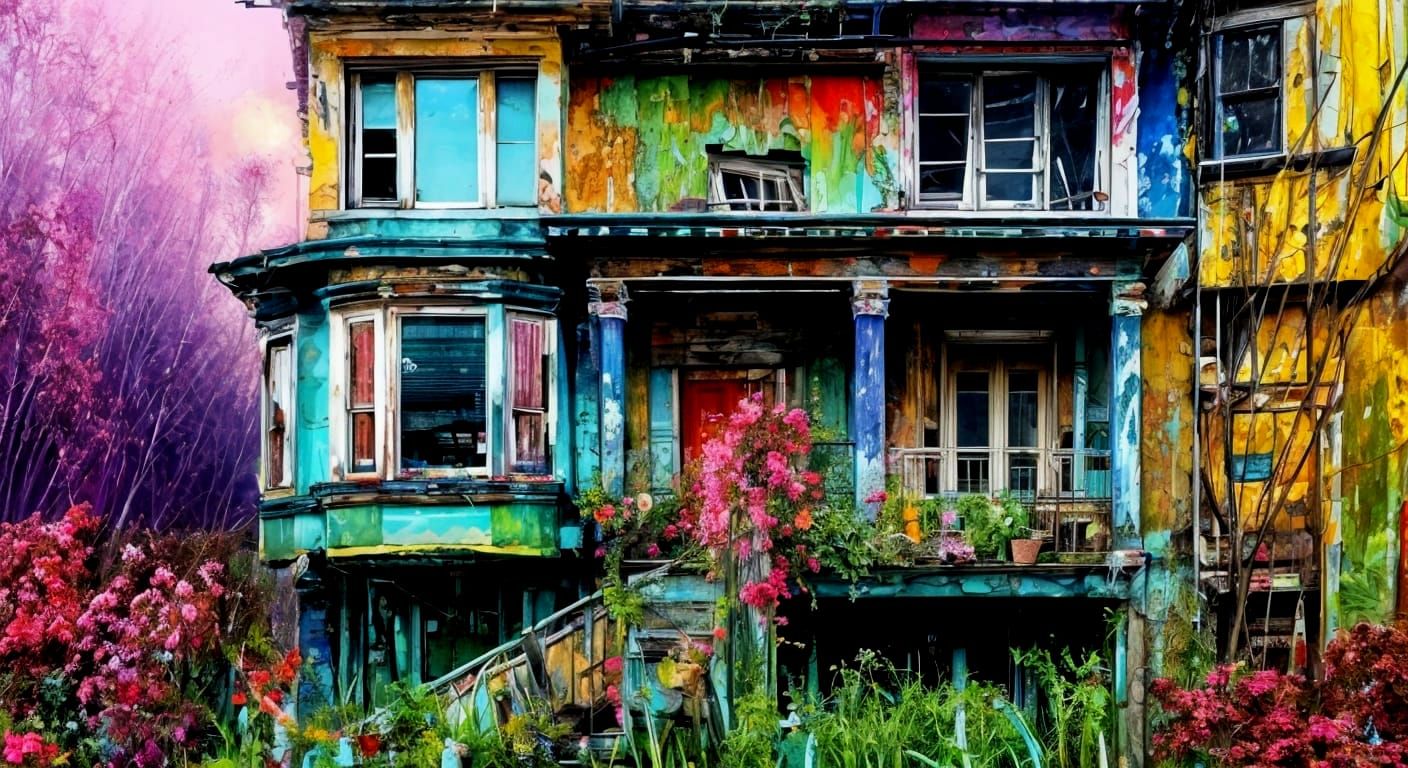 Cozy Dilapidated House in a Vibrant Flower Garden