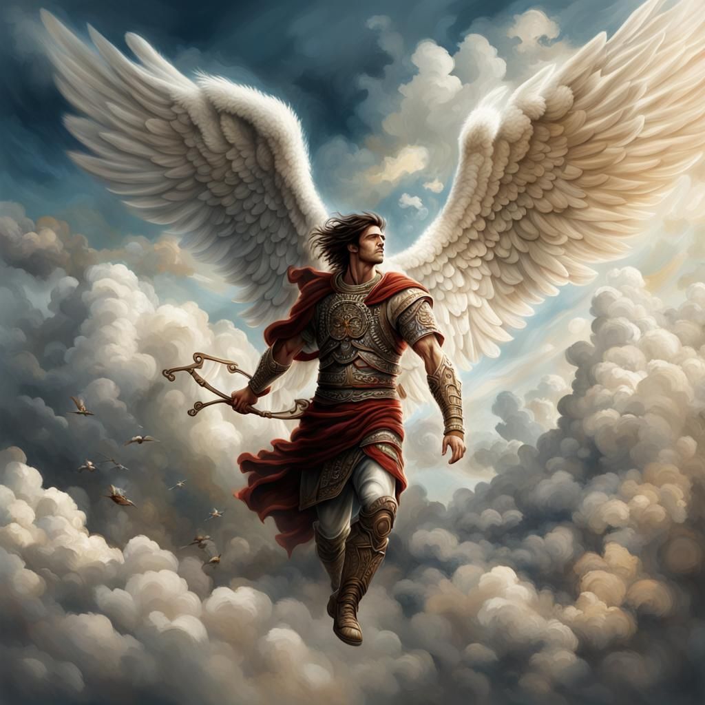 Muscular Angel Flying Through Clouds in Detailed Drawing