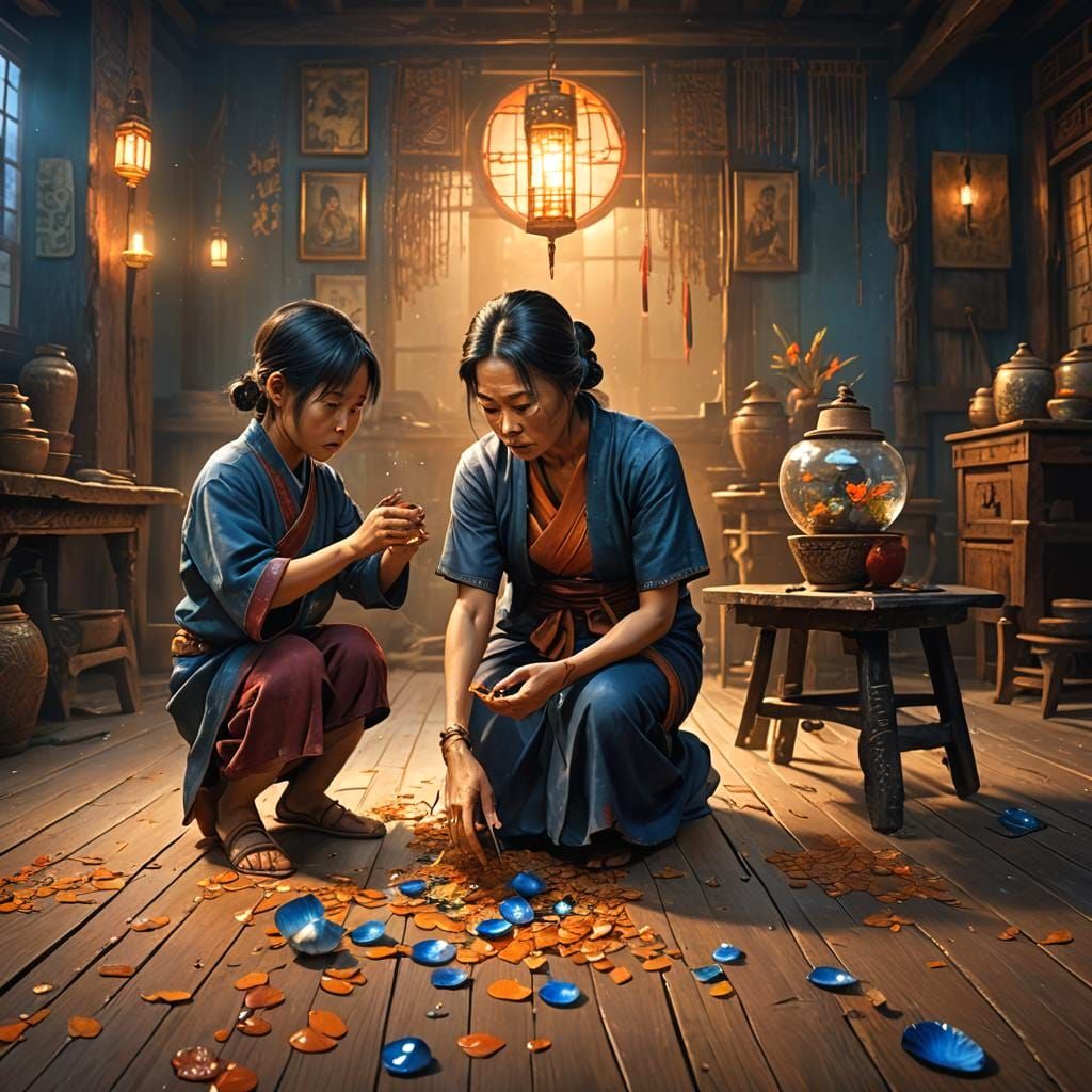 Asian Mother Disciplines Son, Matte Painting Style