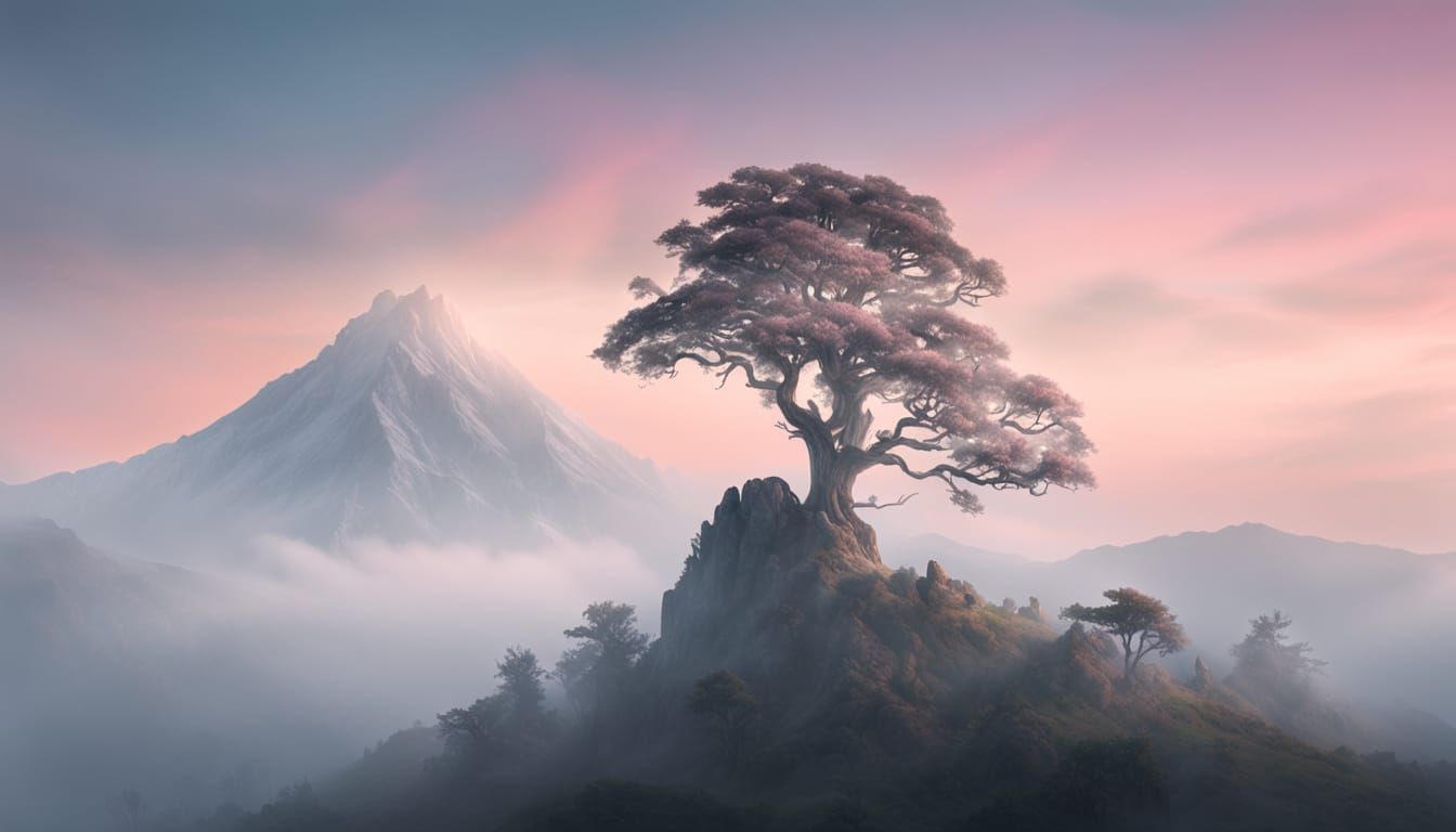 Serene Mountain Peak with Ancient Tree at Dawn Dusk