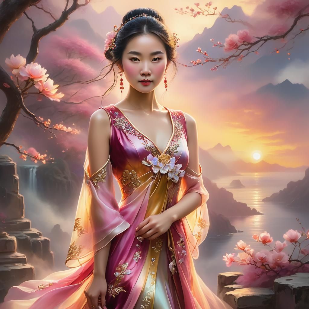 Ethereal Portrait of Chinese Lady at Sunset