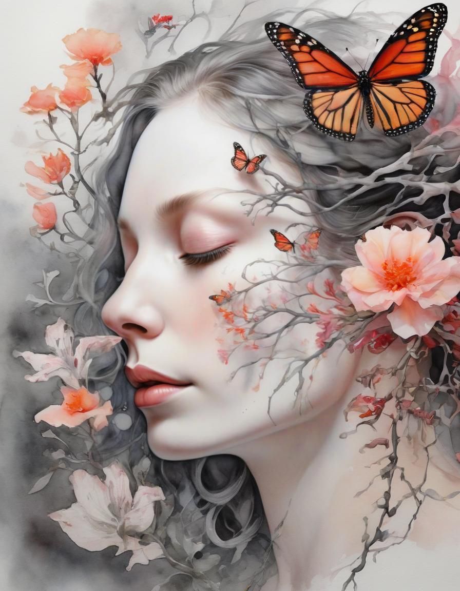 Surreal Floral Woman Portrait in Watercolor