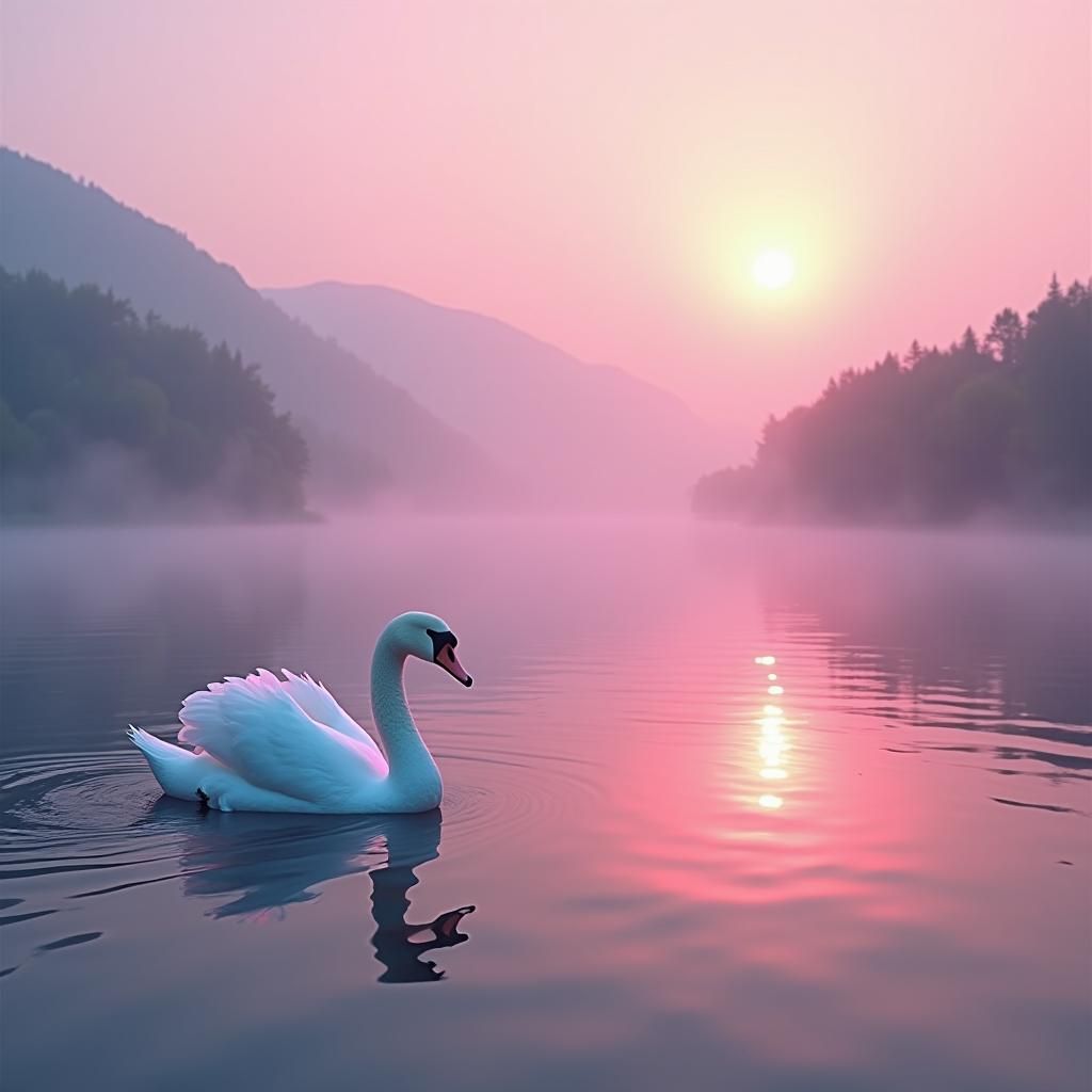 Synthwave Sunrise Over Misty Lake with Swan