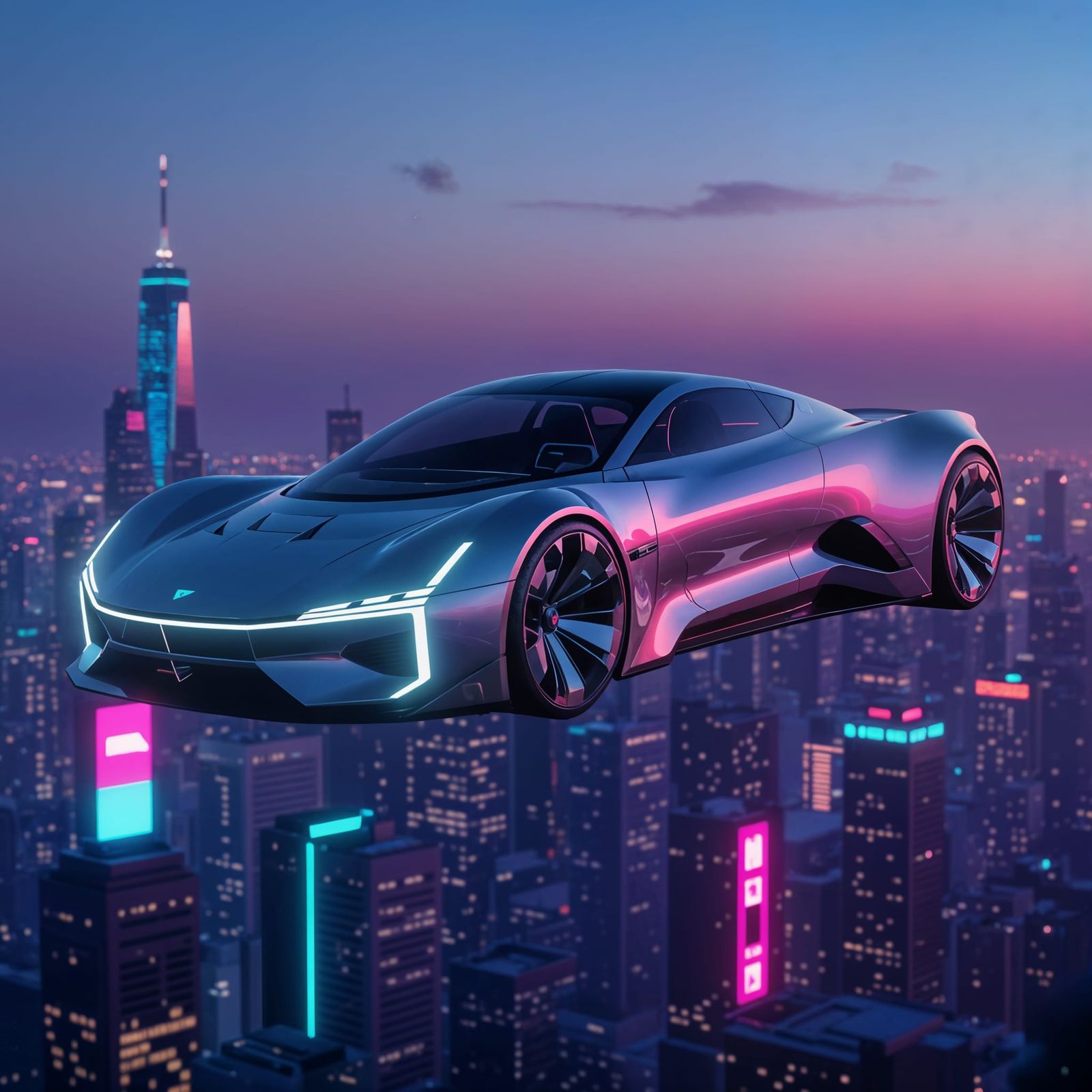 Sleek Futuristic Car Hovering Above City
