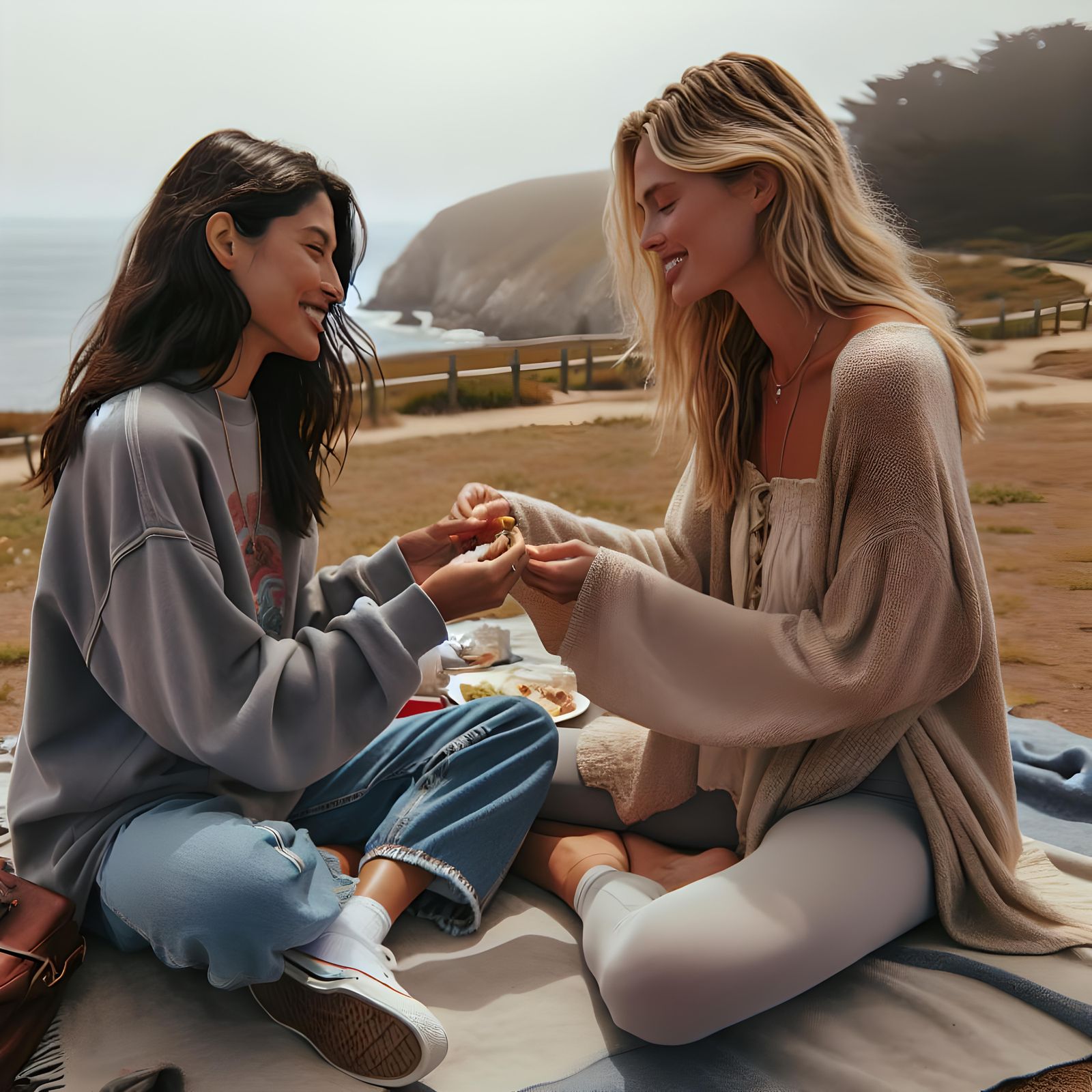 Women Enjoying a Picnic Overlooking the Ocean