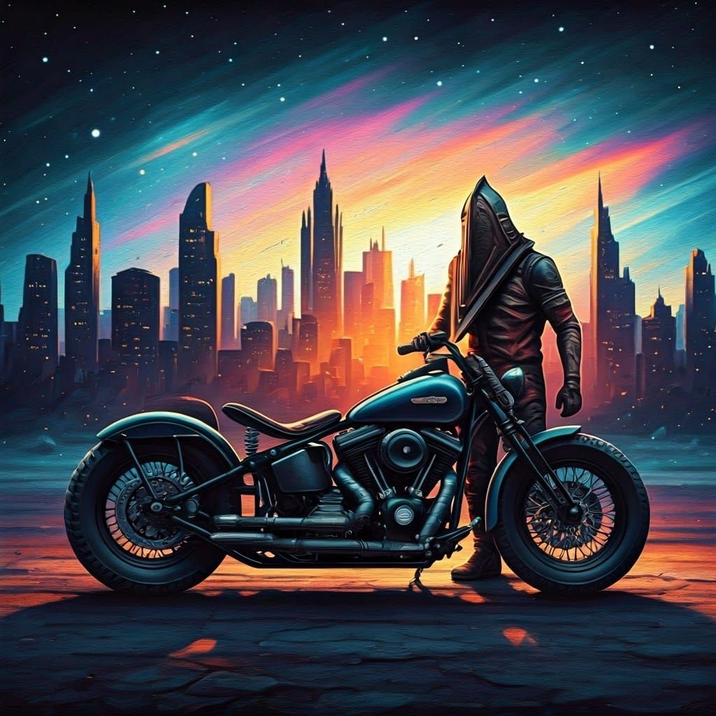 Pyramid Head Rides Synthwave: Crayon Painting Style