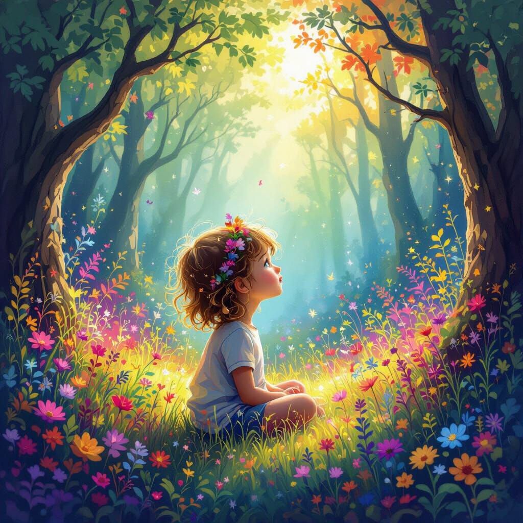 Child in Magical Colorful Forest Portrait