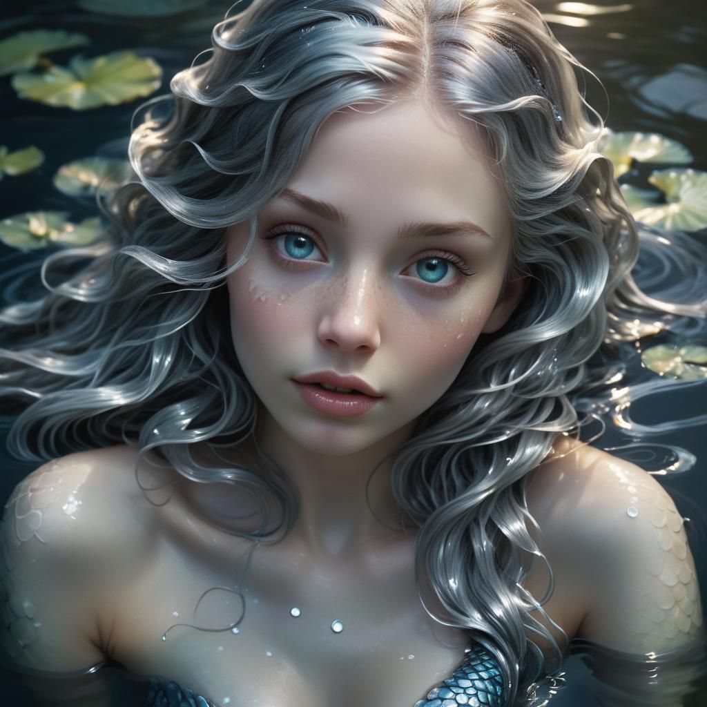 Mermaid Emerges from Moonlit Pond in Dark Fantasy