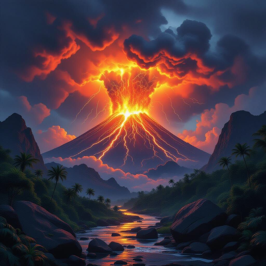 Erupting Volcano and Hurricane Under Fiery Skies
