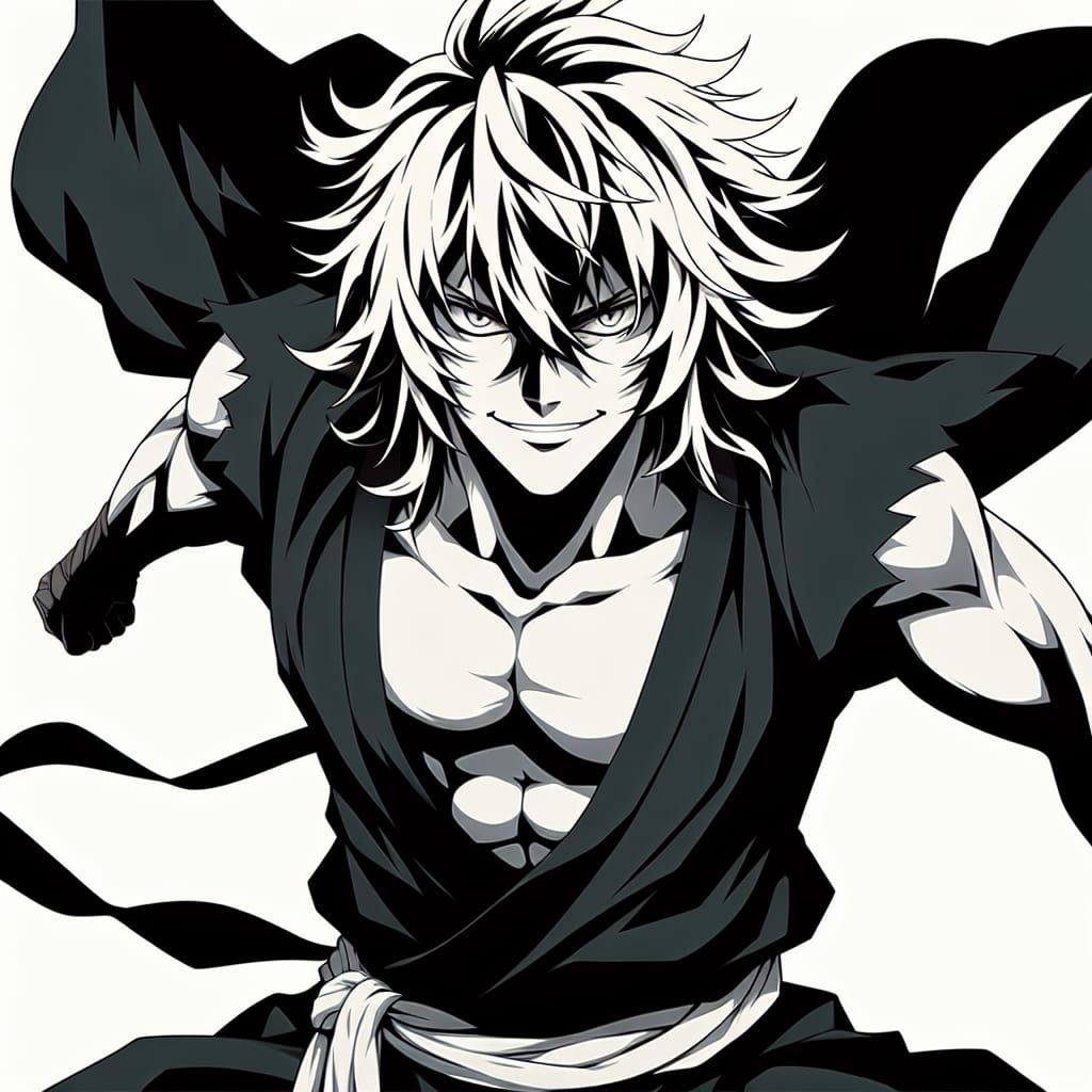 Anime Soul Reaper with White Hair and Black Robes
