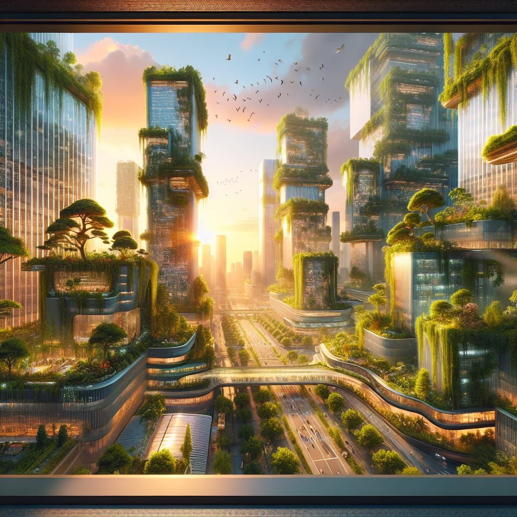 A realistic futuristic cityscape seen through a large window...