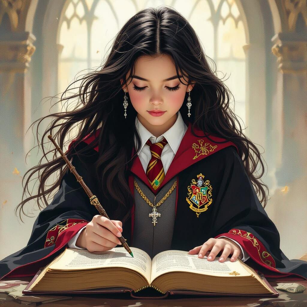 Magical Student Studying Ancient Tome in Fantasy Art Style