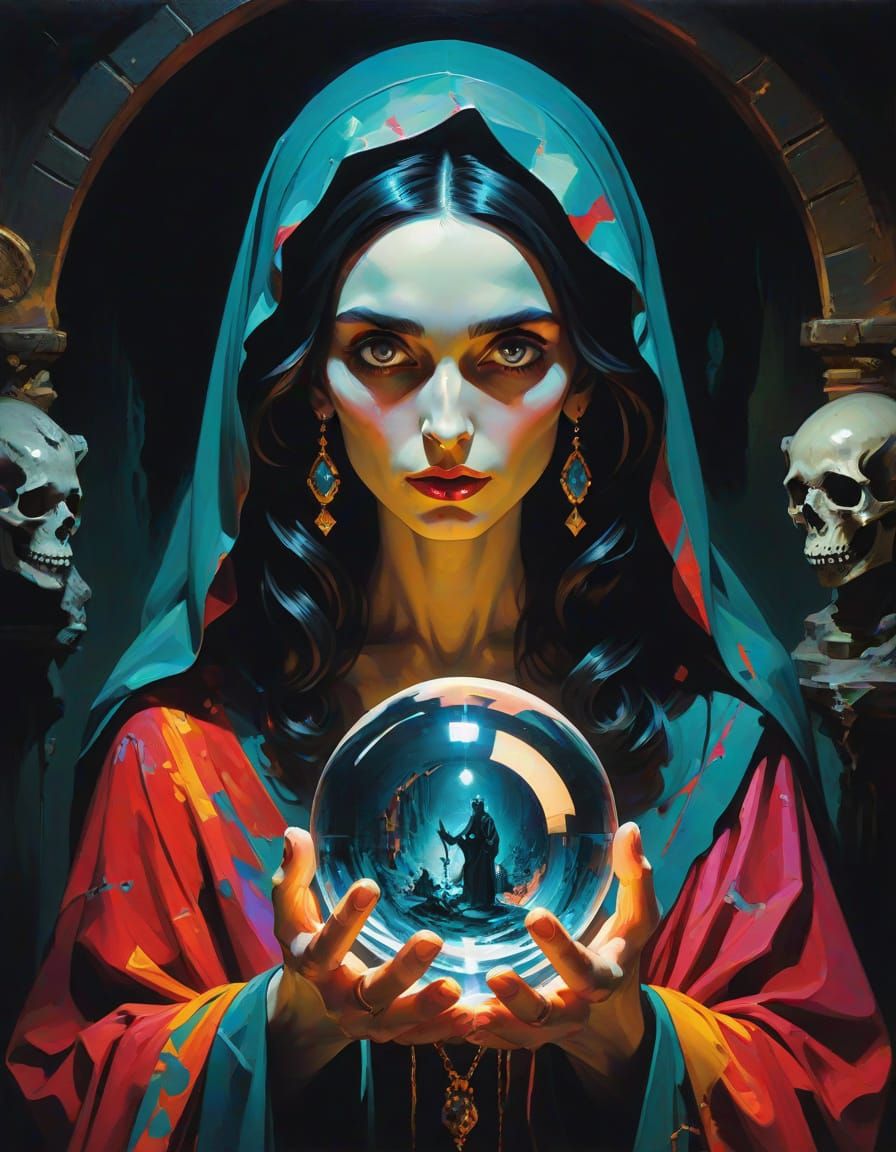Mysterious Diviner in Catacombs with Crystal Ball
