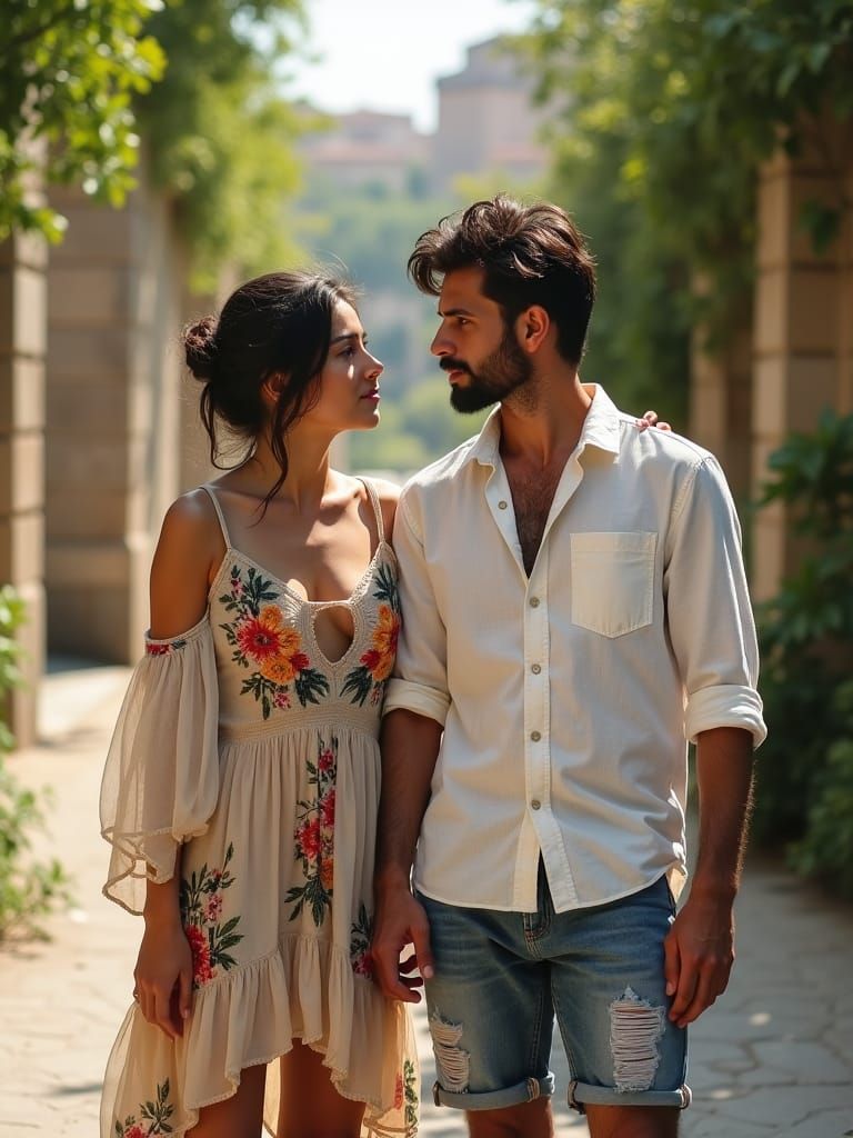Spanish Couple in Mediterranean Park, Over-the-Shoulder Shot