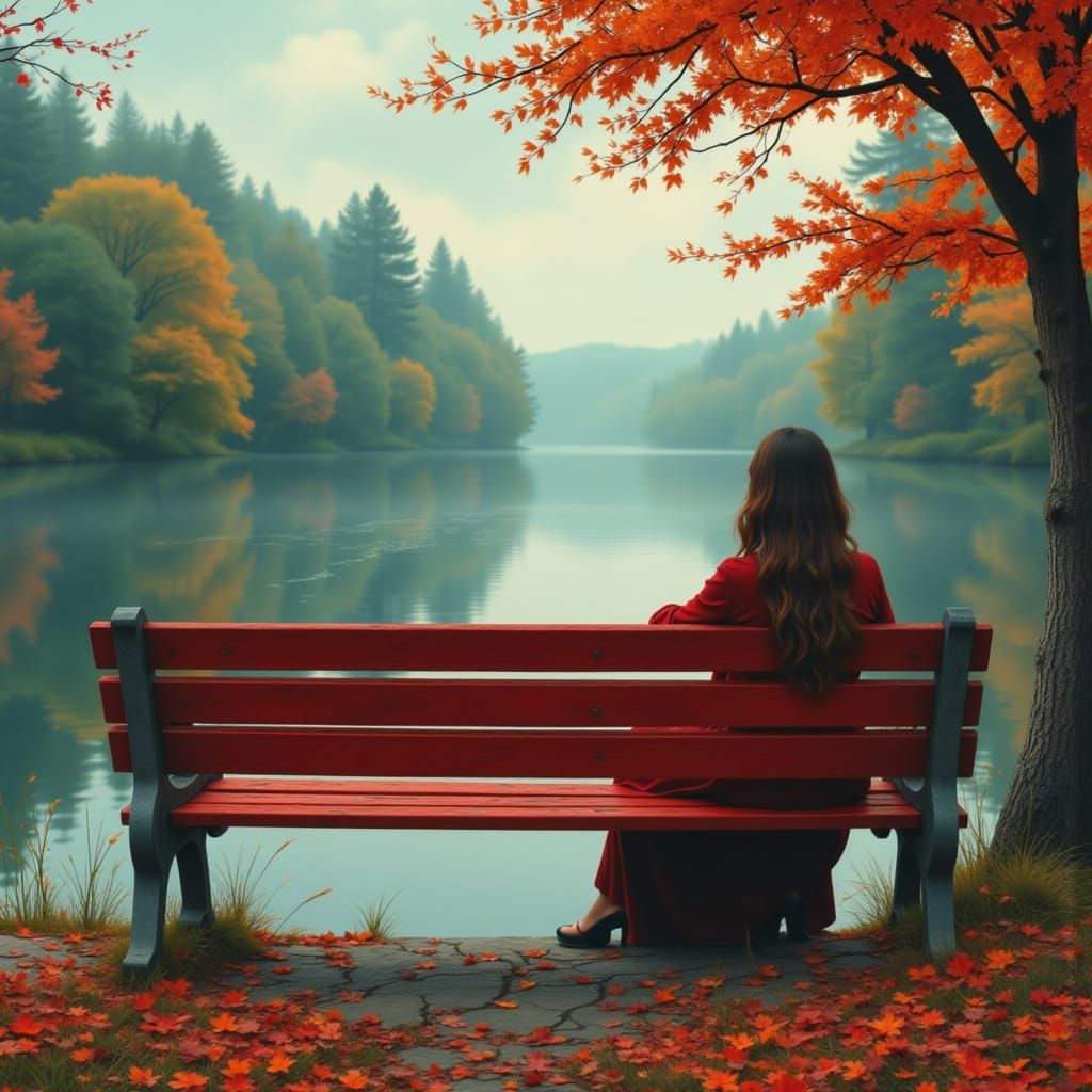 Woman on Red Bench by Lake, Lonely Spirit Nearby