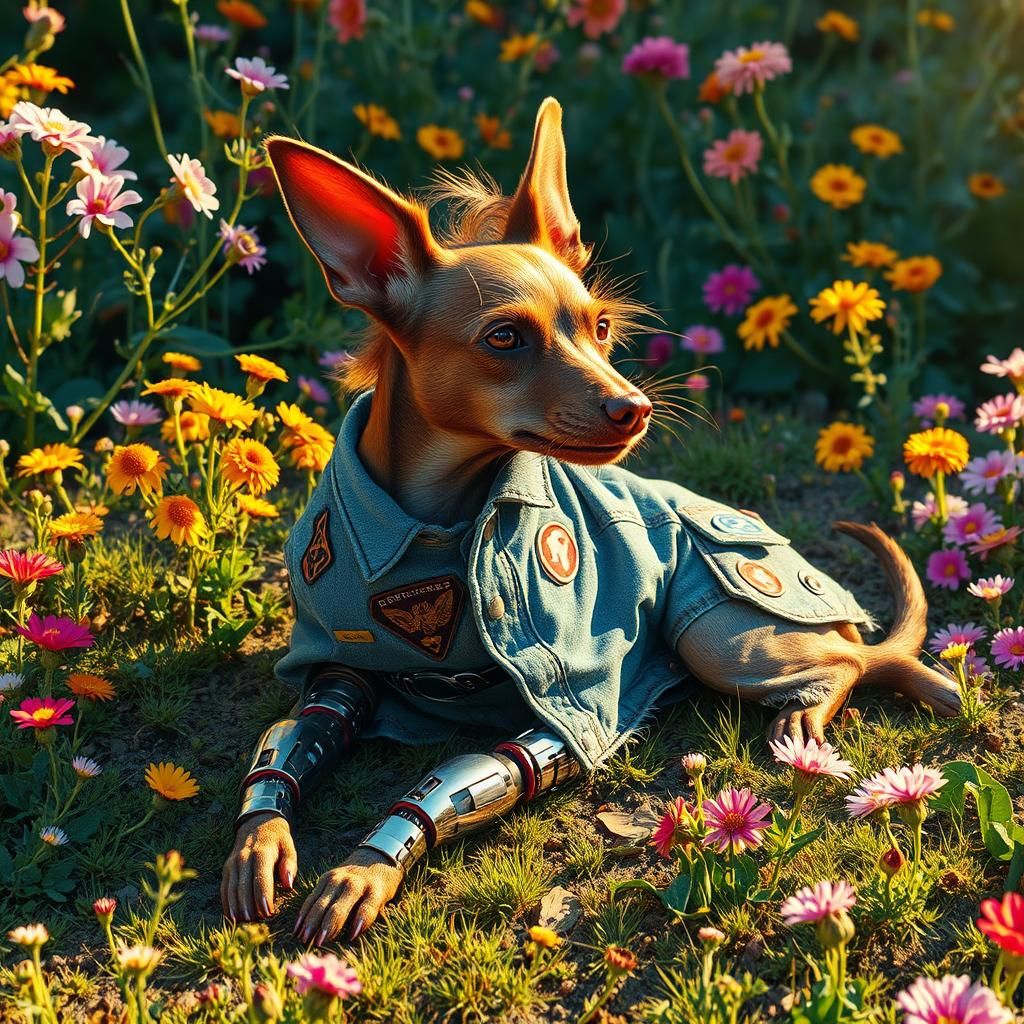 Cyborg Dog in Sun-Drenched Garden, Futuristic Illustration