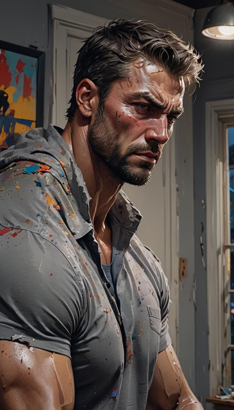 Muscular Man's Regret: Hyperrealistic Night Scene