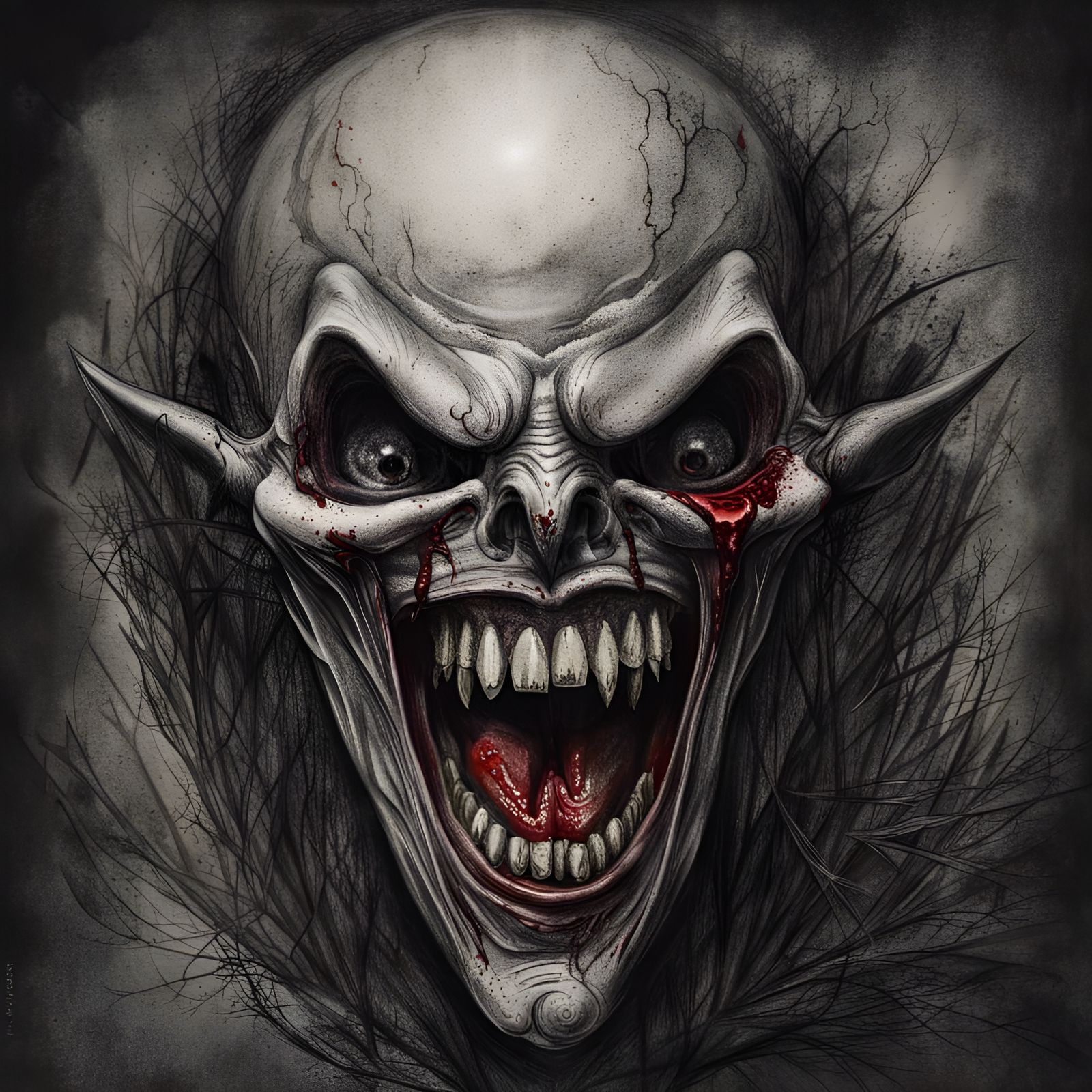 Detailed Charcoal Drawing of a Vampire Head