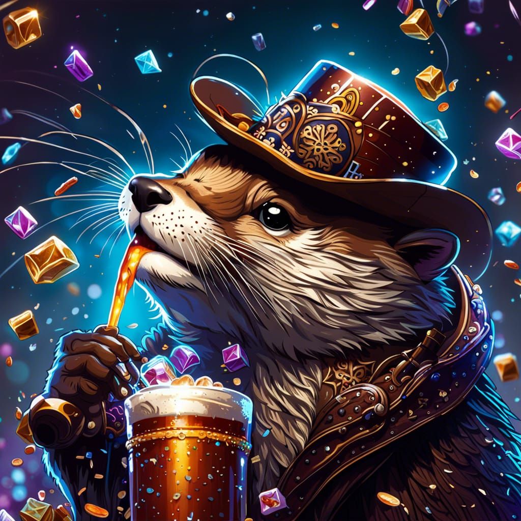 Otter Celebrates with Rootbeer in Fantasy Art Style