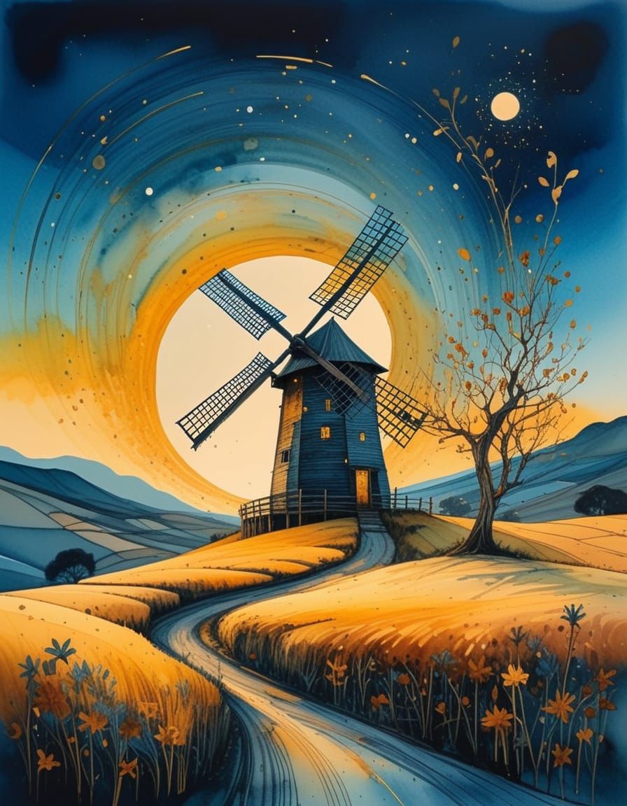 Watercolor Windmill at Golden Hour, Dreamy Landscape