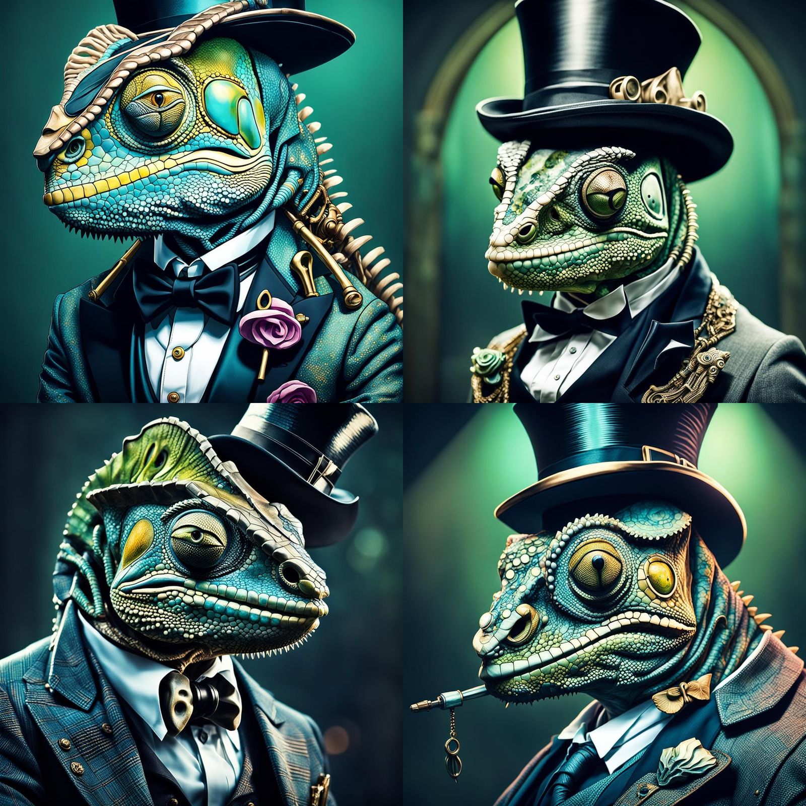 Cyberpunk Chameleon Skeleton in Art Nouveau Style