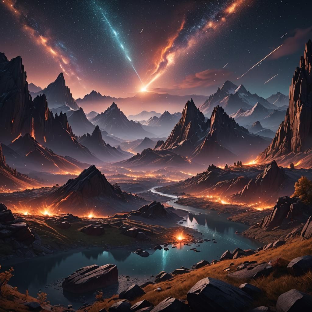Spectacular Meteor Shower Over Mountains at Night