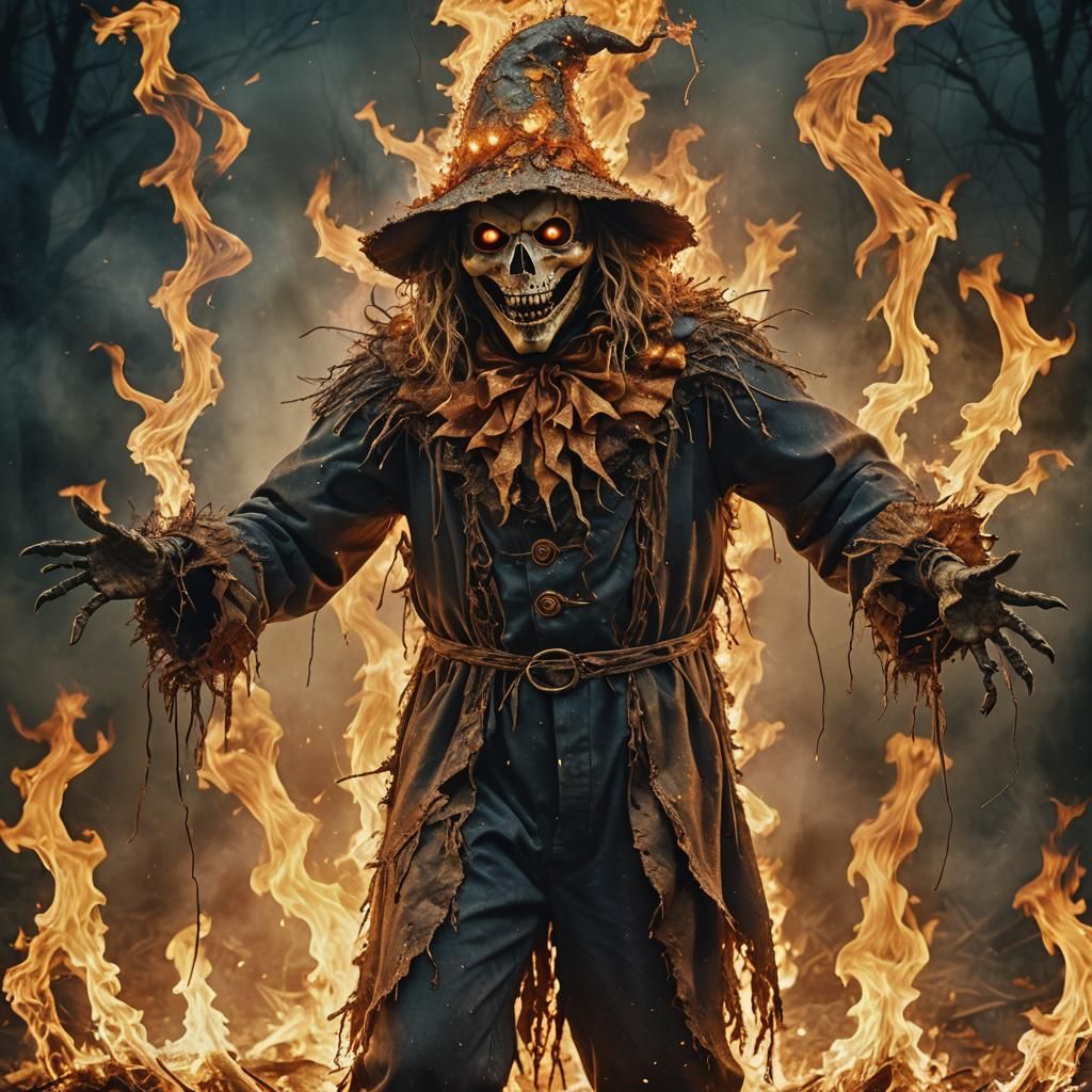 Scarecrow Spirit in Fire: Photorealistic CGI Masterpiece