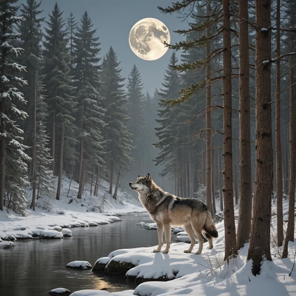 Grey Wolf Howling Under Moonlit Winter Forest