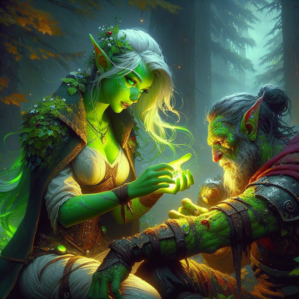 Elf Druid Heals Orc Warrior: Fantasy Art