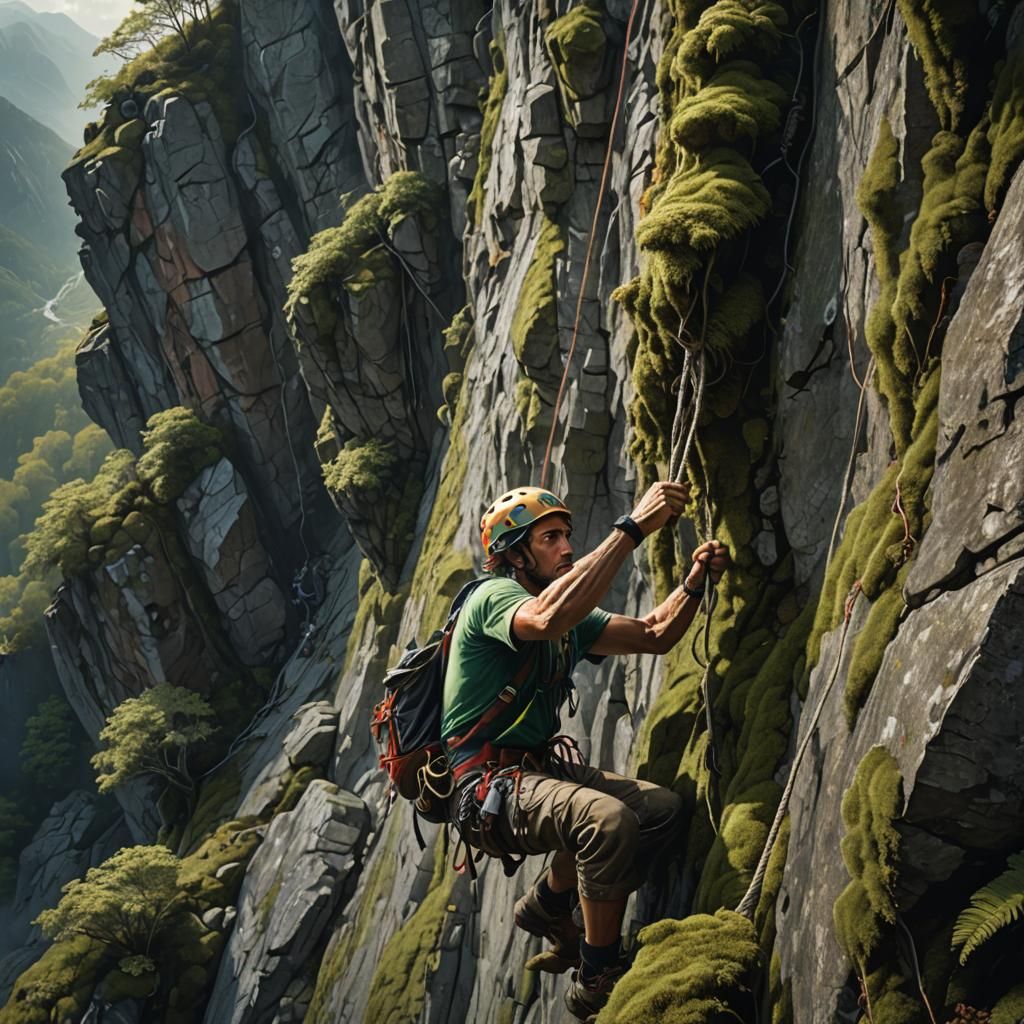 Climber Ascending Steep Cliff in Hyperrealistic Splash Art