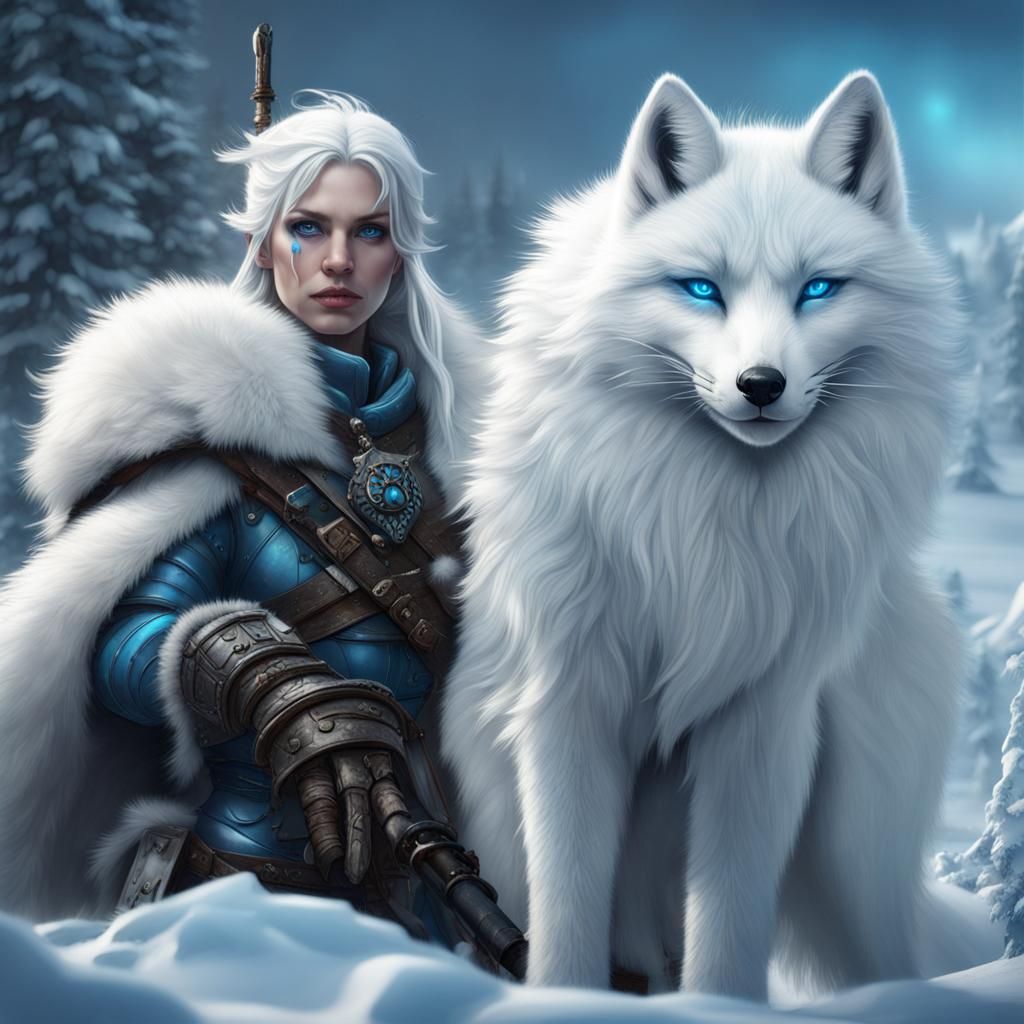 Arctic Warrior and Fox in Snowy Landscape