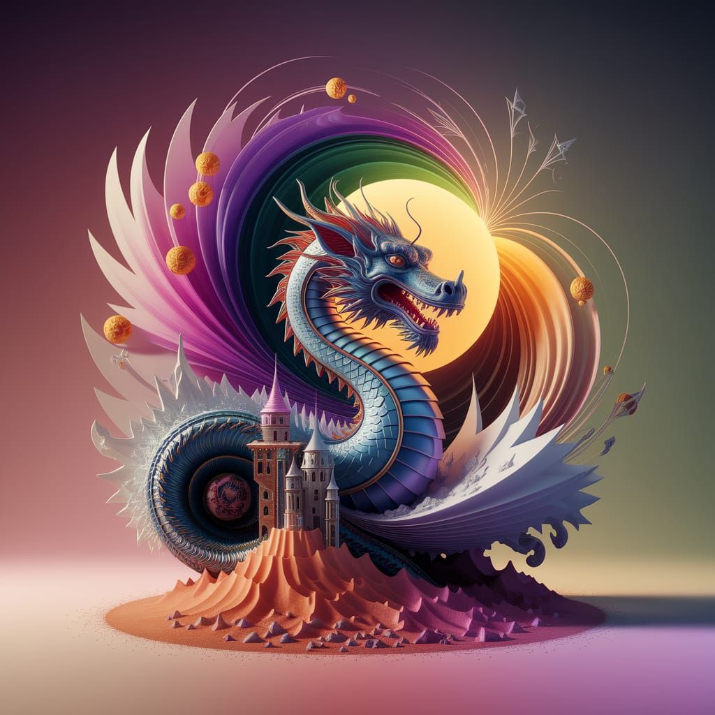 Mystical Dragon Amidst Vibrant Fractal Glass and Sand