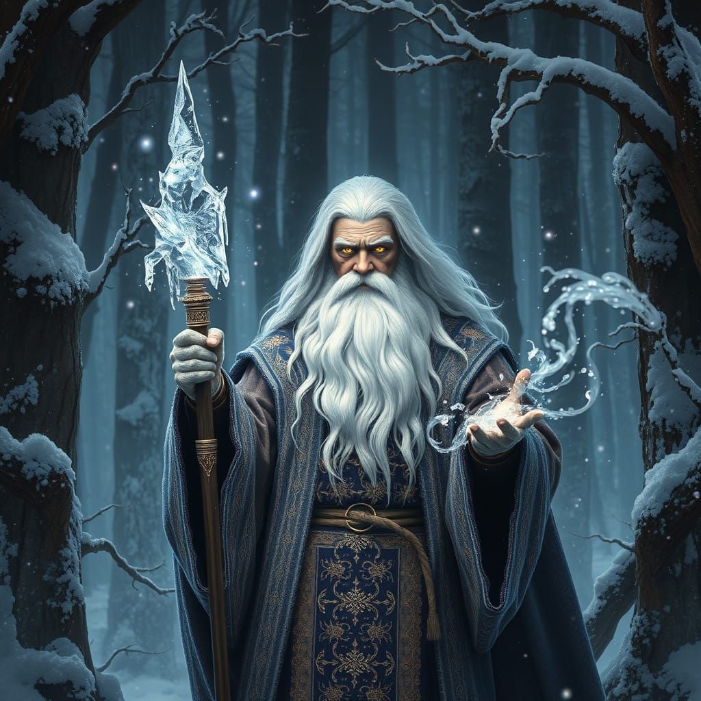 Mystical Wizard Conjures Ice Magic in Snowy Forest